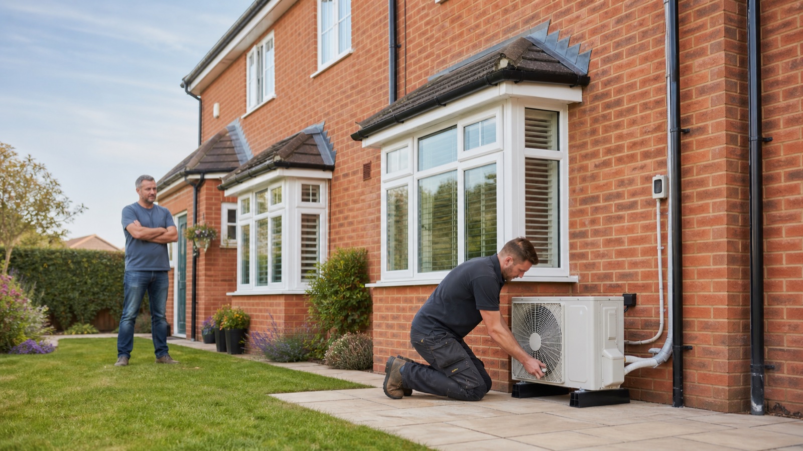 HVAC installer fitting a compact exterior air-conditioning unit beside a modern UK brick home.