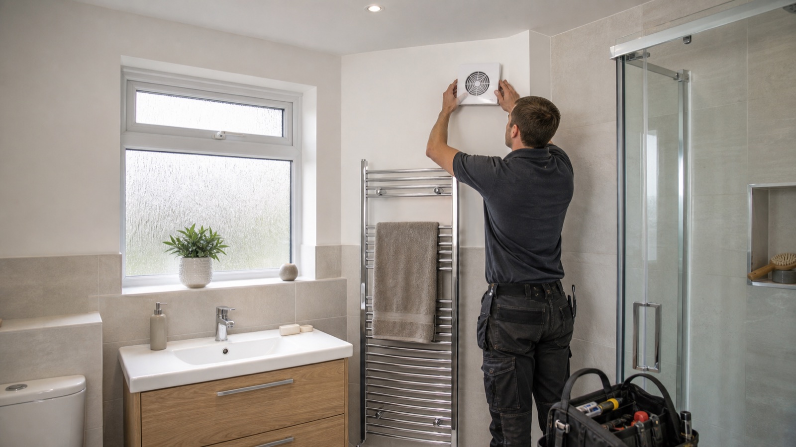 Qualified installer fitting a bathroom extractor fan in a modern UK home