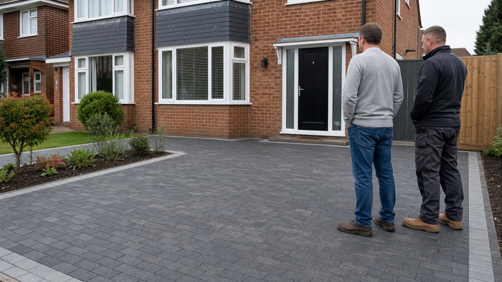 Homeowner and driveway contractor inspecting a new grey block-paved driveway outside a UK brick house.