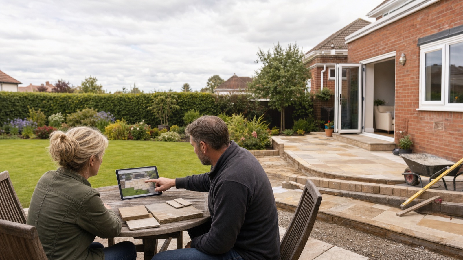 Homeowner and landscaper reviewing patio plans beside a new sandstone patio in a UK garden.