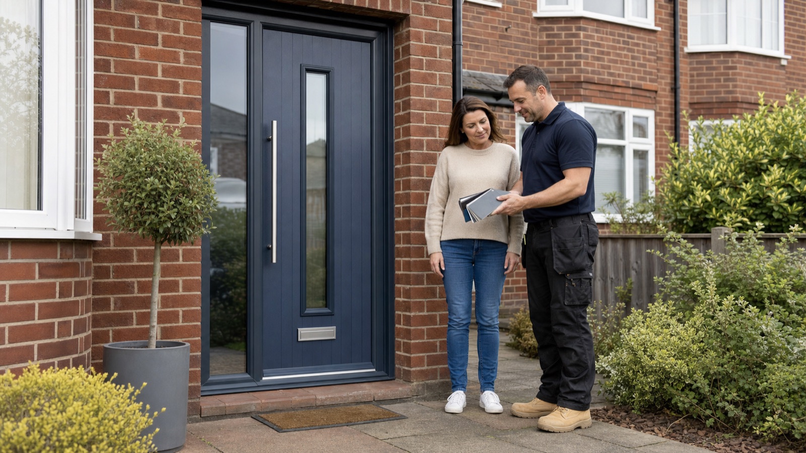 UK homeowner choosing a dark blue composite front door with a professional installer outside a brick home.