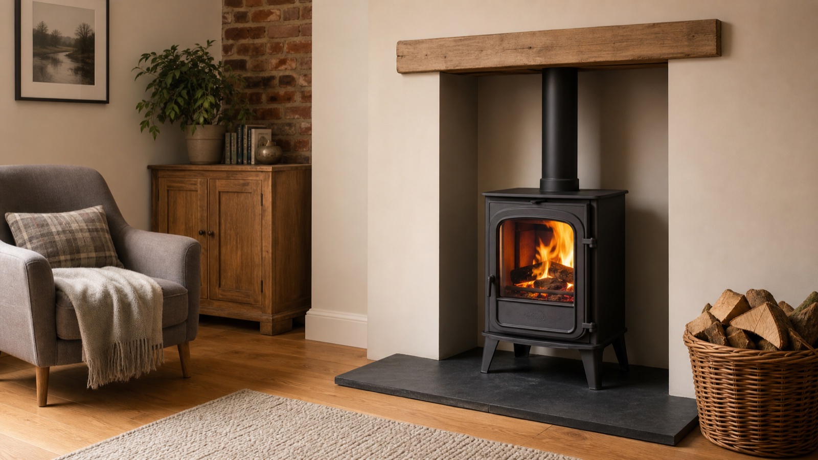Modern wood-burning stove installed in a bright UK living room with a slate hearth