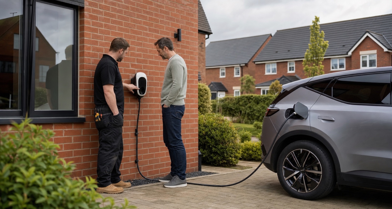 Electrician and homeowner inspecting a wall-mounted EV charger beside a car at a UK brick home