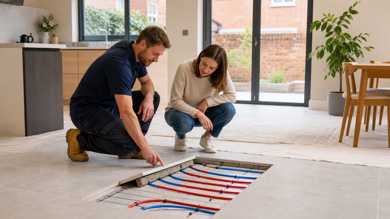Homeowner reviewing underfloor heating pipework with a heating installer in a modern UK kitchen