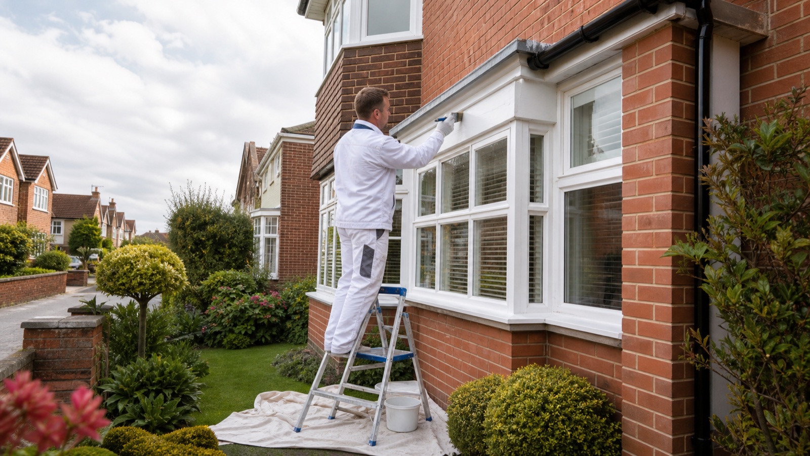 Professional decorator painting white exterior window trim on a brick UK home