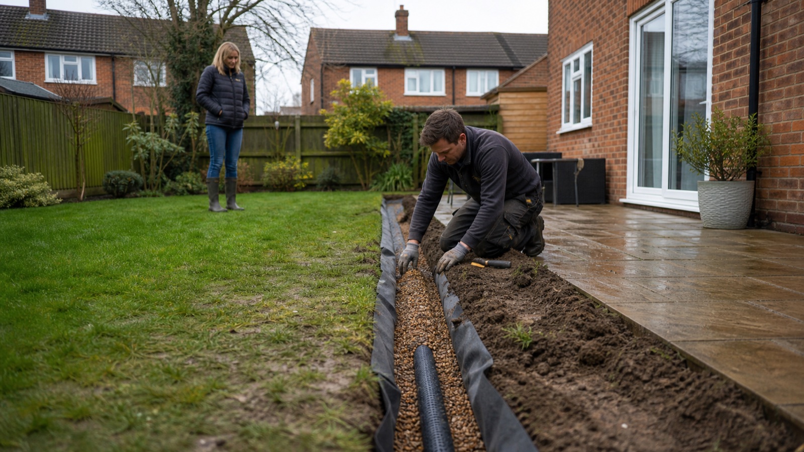 Landscaper installing a French drain beside a lawn at a UK brick home