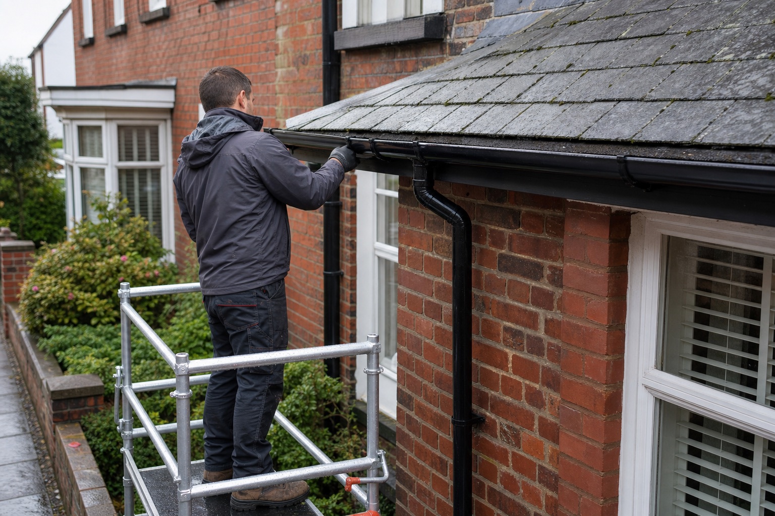 Roofer inspecting black guttering and downpipe on a traditional UK brick house