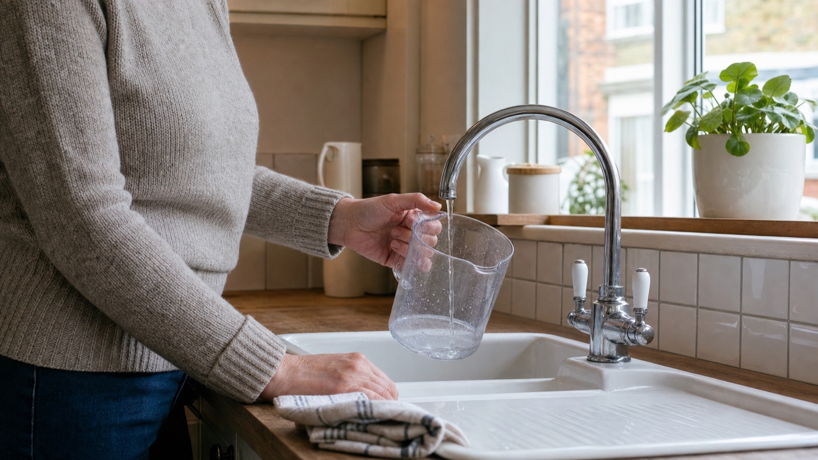 Plumber inspecting under-sink pipework in a bright UK kitchen