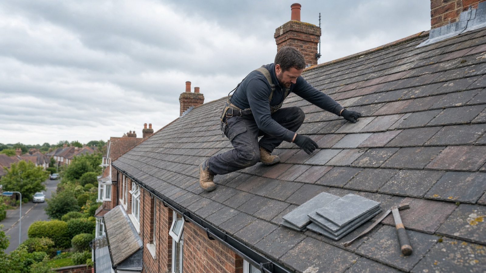 Roofer inspecting slate tiles on a pitched roof of a British brick home