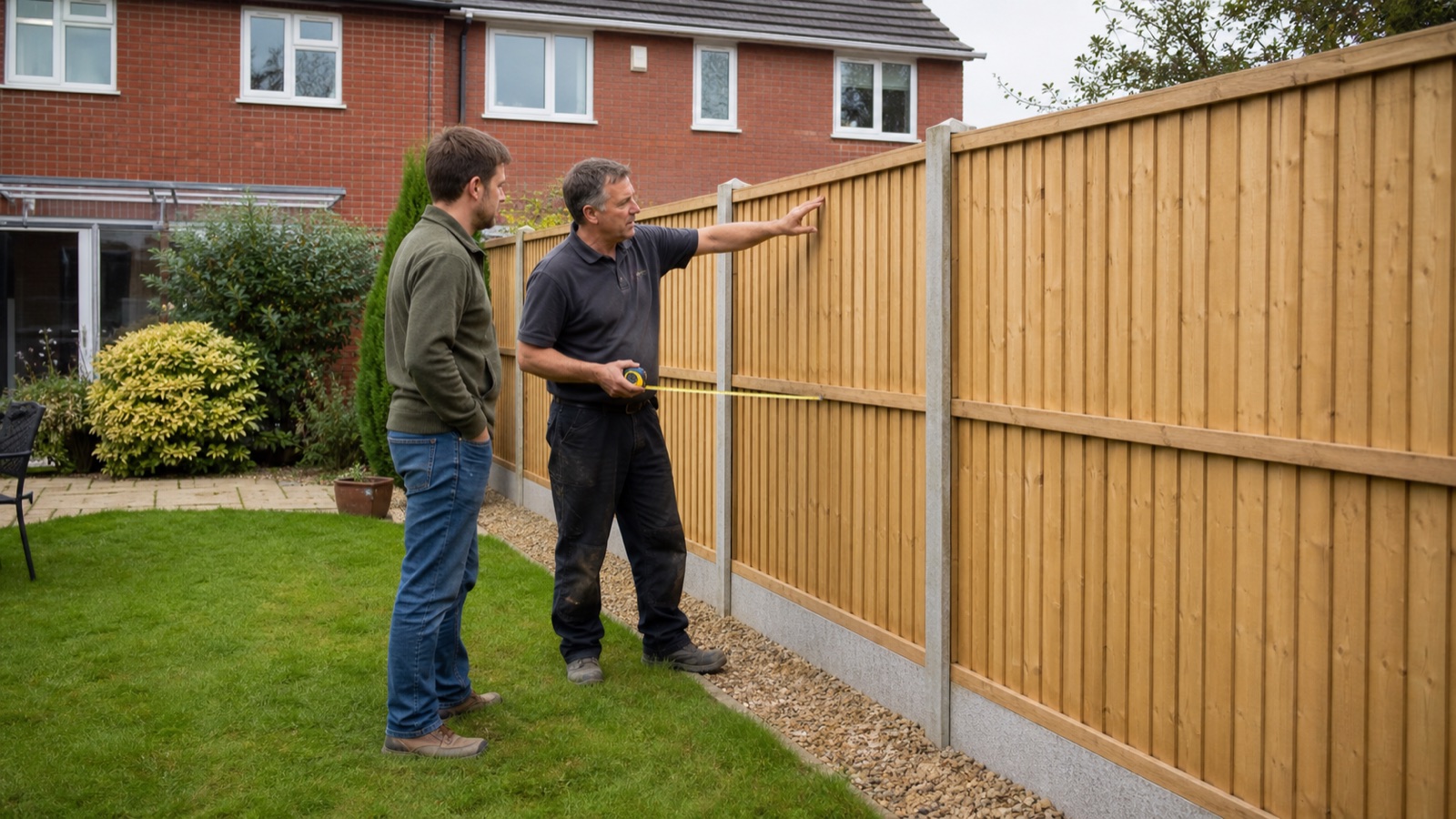Fencing contractor and homeowner inspecting a new timber garden fence with concrete posts outside a UK brick home.