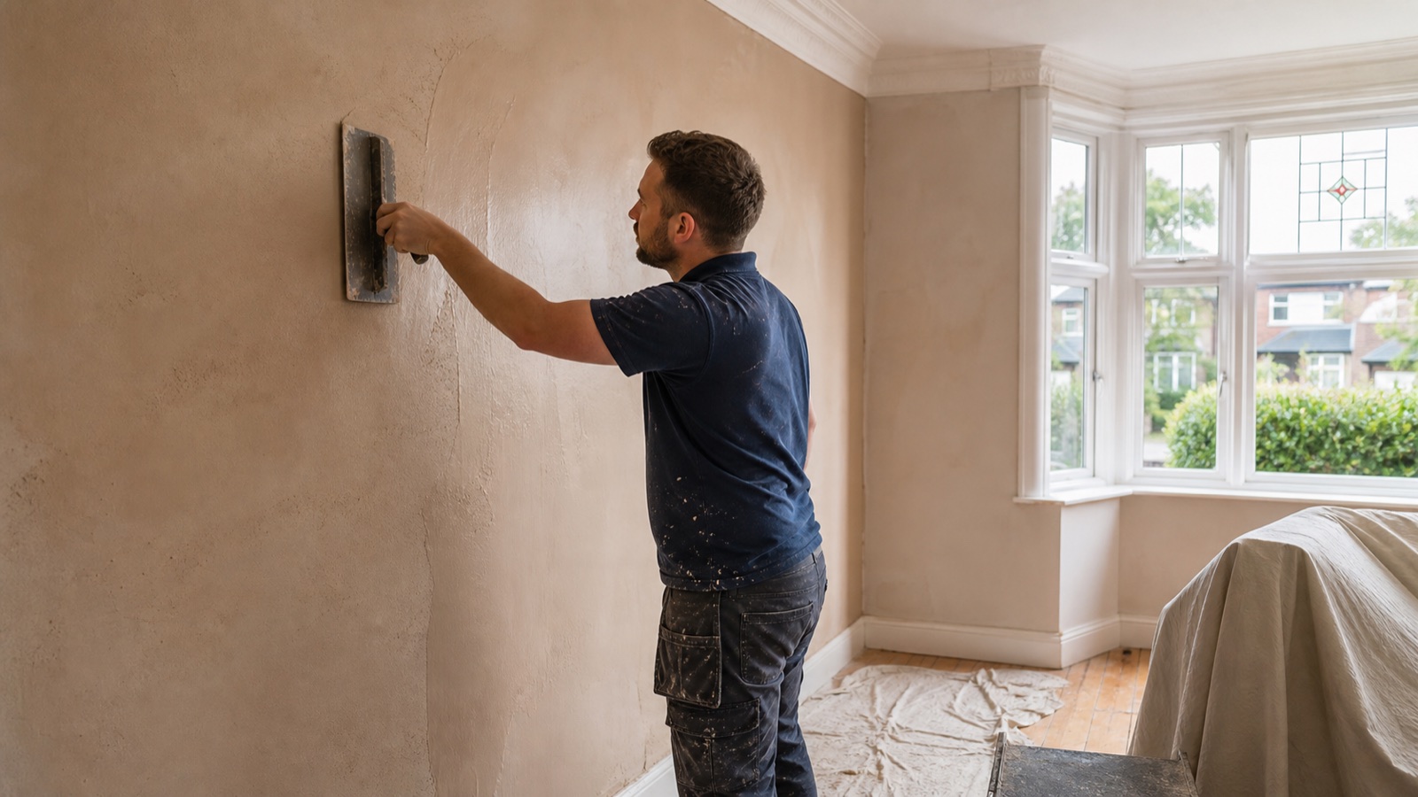 Professional plasterer applying a smooth skim coat to a living-room wall in a UK home.